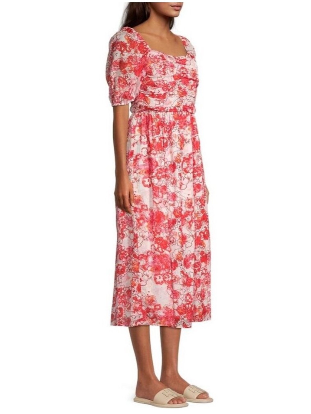 Ro's Garden 100% Cotton Harbin Floral Midi Dress in Neutral